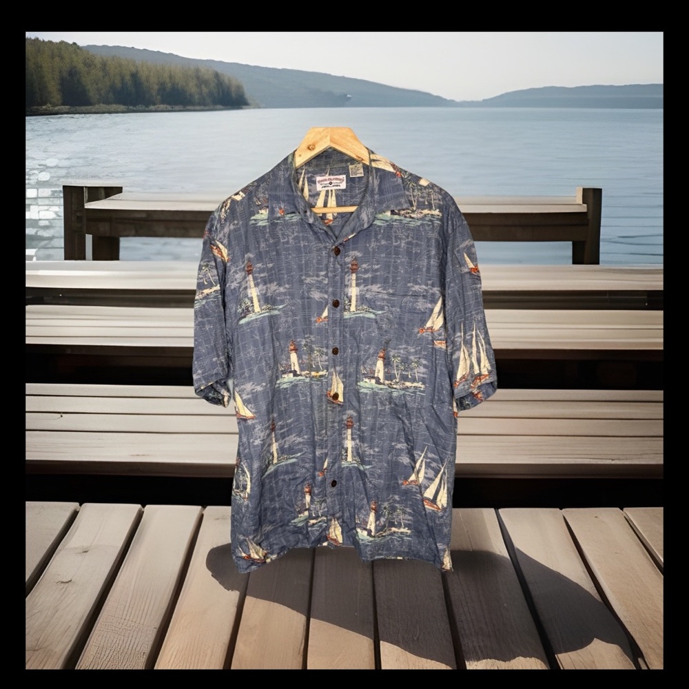 Blue Casual Button Down Shirt with Tropical Print 099